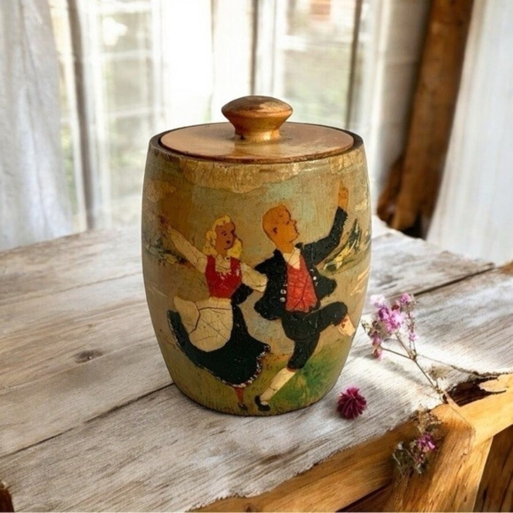 Vintage Norwegian Hand Painted Wooden Lidded Pot Treenware Enamel 4" Norway G
